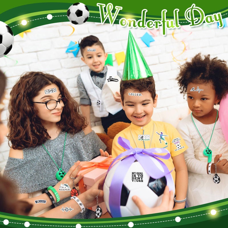 Aoriher 120 Pcs Soccer Party Favors Set Soccer Goodie Bags Stuffers Mini Ball Toys Stickers Whistle Silicone Bracelet Luminous Tattoo Keychain Team Sport Birthday Gifts Party Supplies and Decorations - Image 5