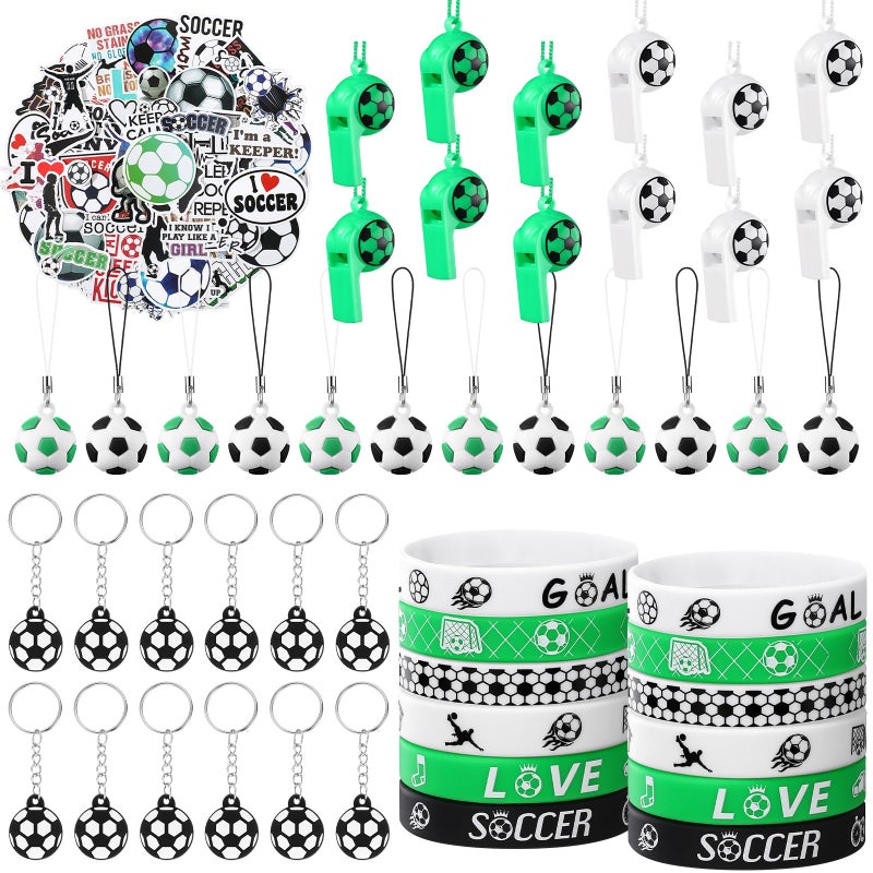 Aoriher 120 Pcs Soccer Party Favors Set Soccer Goodie Bags Stuffers Mini Ball Toys Stickers Whistle Silicone Bracelet Luminous Tattoo Keychain Team Sport Birthday Gifts Party Supplies and Decorations - Image 1