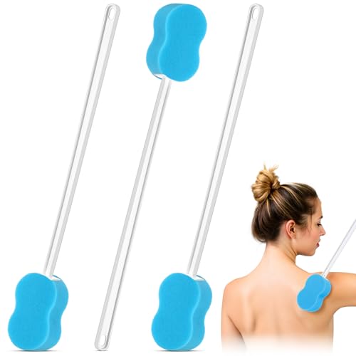 Norme 3 Pcs 224 Inch Long Handle Back Bath Sponge Lightweight Sponge on a Stick Body Cleaning Handled Washer Scrubber for Foot Body Limited Range of Motion Blue