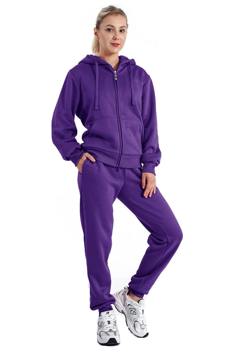Facitisu Track Suits for Women Set Sherpa lined Casual 2 Piece Outfits Sweatsuit Purple X-Large - Image 1