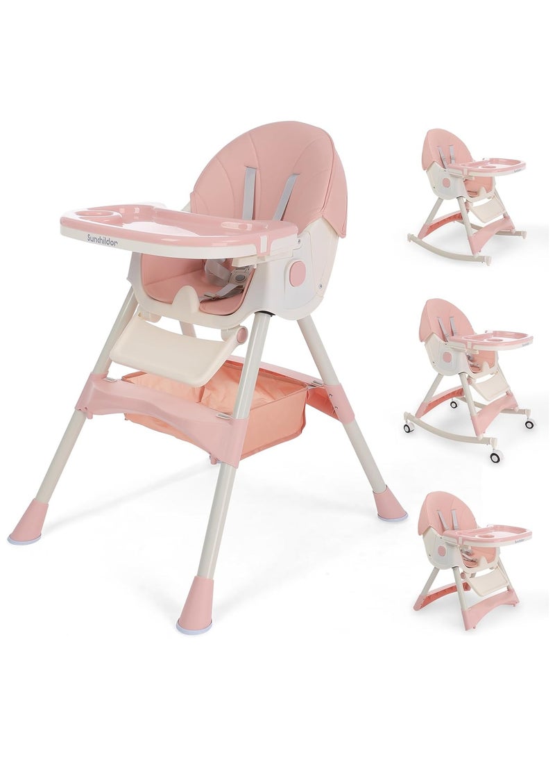 Sunchildor Convertible Baby High Chair with Removable Tray, Safety Belt, Footrest and Wheels, 4-in-1 Foldable Toddler High Chair, Pink  - Image 1