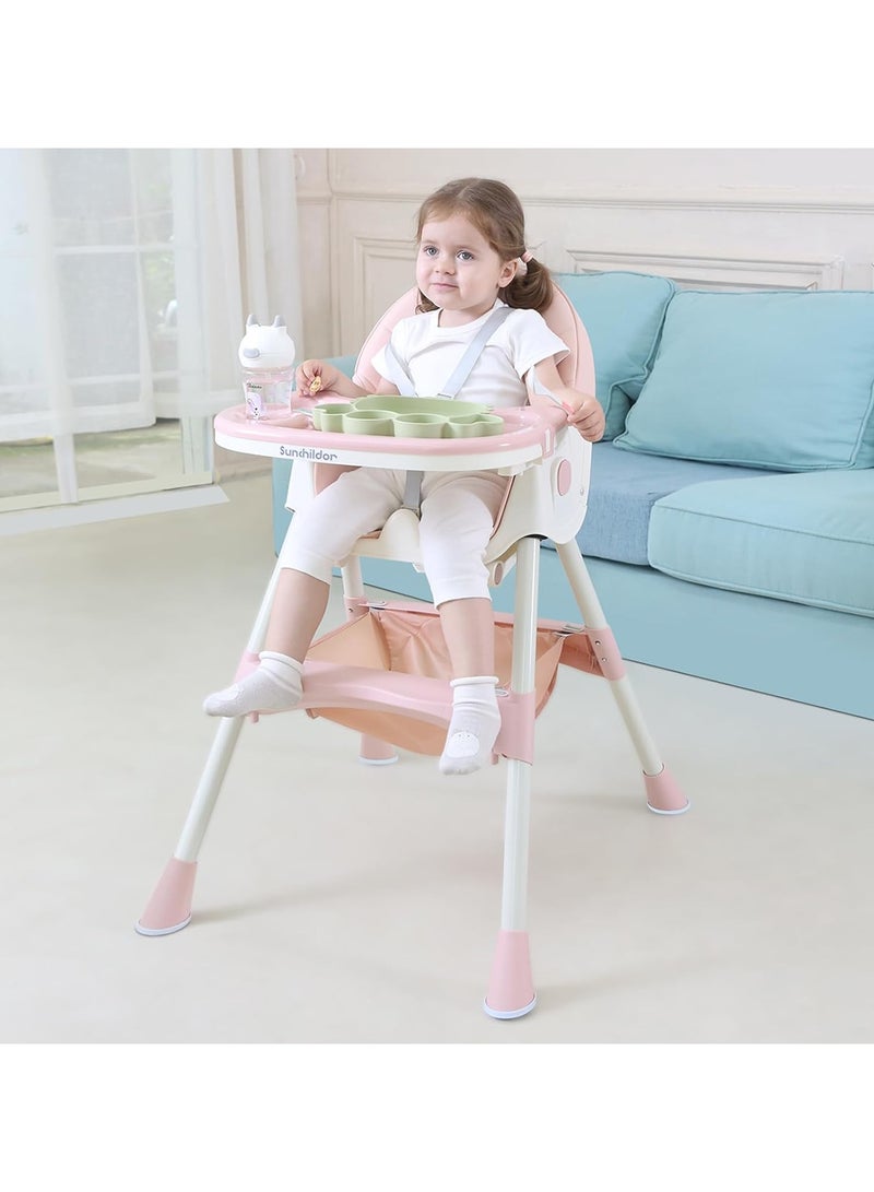 Sunchildor Convertible Baby High Chair with Removable Tray, Safety Belt, Footrest and Wheels, 4-in-1 Foldable Toddler High Chair, Pink  - Image 3