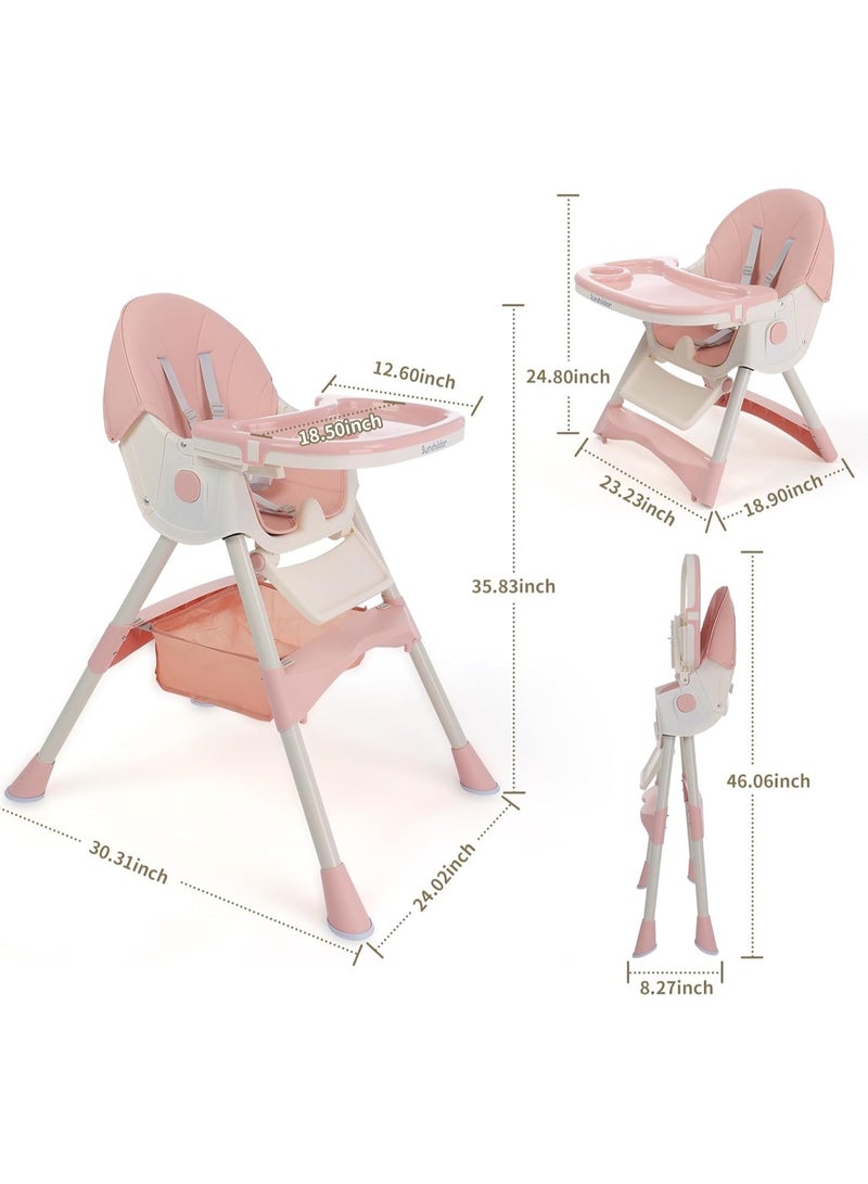 Sunchildor Convertible Baby High Chair with Removable Tray, Safety Belt, Footrest and Wheels, 4-in-1 Foldable Toddler High Chair, Pink  - Image 2