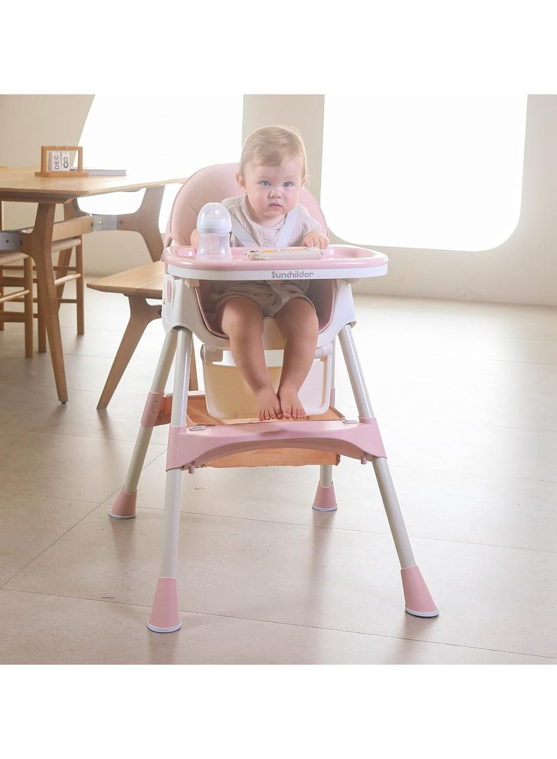Sunchildor Convertible Baby High Chair with Removable Tray, Safety Belt, Footrest and Wheels, 4-in-1 Foldable Toddler High Chair, Pink  - Image 4