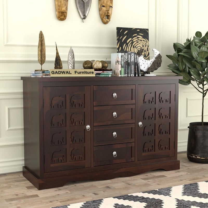 GADWAL FURNITURE GADWAL FURNITURE Solid Sheesham Wood Wooden Cabinet Sideboard with 4 Drawers and 2Door Storage Walnut Finish  - Image 1
