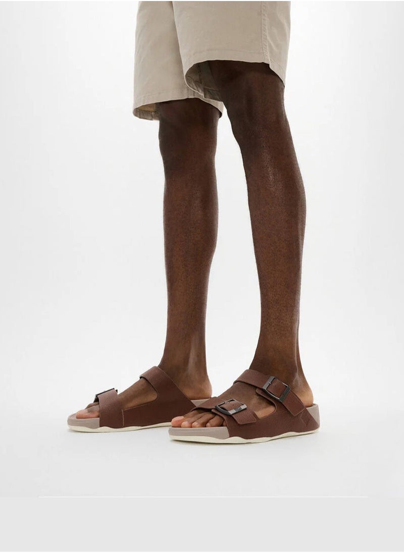 Gogh Moc Mens Buckle Tumbled Slides - Mocha Brown