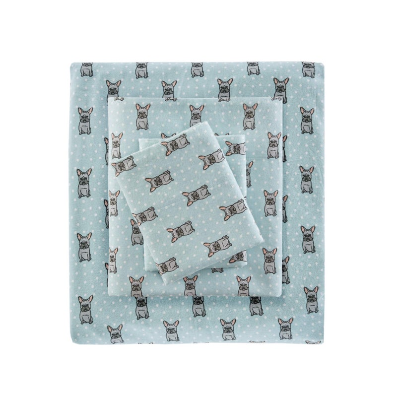 Sleep Philosophy True North cozy Flannel Warm 100% cotton Sheet - Novelty Print Animals Stars cute Ultra Soft cold Weather Bedding Set  Full  Aqua French Bulldog 4 Piece - Image 4