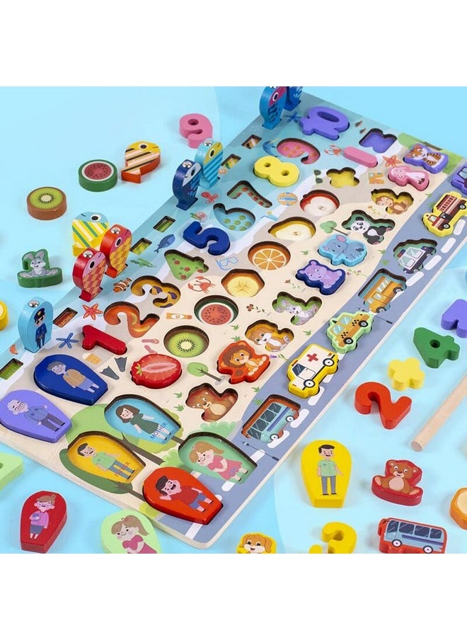 Smoneo - 7 In 1 Wooden Alphabet, Numbers, Shapes Sorting And Stacking, Fishing Game; Early Learning Montessori Puzzle Toy For 3+ Year Kids - Image 1