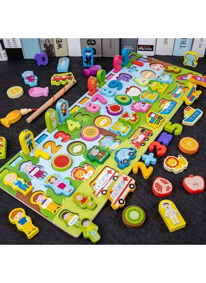 Smoneo - 7 In 1 Wooden Alphabet, Numbers, Shapes Sorting And Stacking, Fishing Game; Early Learning Montessori Puzzle Toy For 3+ Year Kids - Image 1