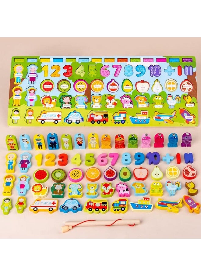 Smoneo - 7 In 1 Wooden Alphabet, Numbers, Shapes Sorting And Stacking, Fishing Game; Early Learning Montessori Puzzle Toy For 3+ Year Kids - Image 1