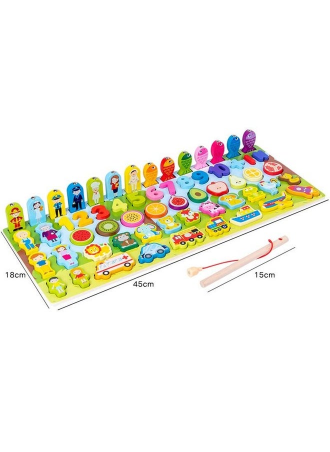 Smoneo - 7 In 1 Wooden Alphabet, Numbers, Shapes Sorting And Stacking, Fishing Game; Early Learning Montessori Puzzle Toy For 3+ Year Kids - Image 1