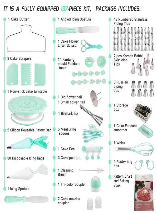 Boyun Cake Decorating Kit,137pcs Cake Decorating Supplies with Cake Turntable for Decorating,Pastry Piping Bag,Russian Piping Tips Baking Tools, Cake Baking Supplies for Beginners(Green) - Image 3