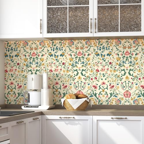 VOLEAAR Peel and Stick Wallpaper Thick Self Adhesive Vinyl Roll Removable Waterproof Contact Paper for Bedroom Bathroom Cabinet Accent Wall Vintage Floral Cottagecore Decor Cream Yellow 175 x 118 - Image 3