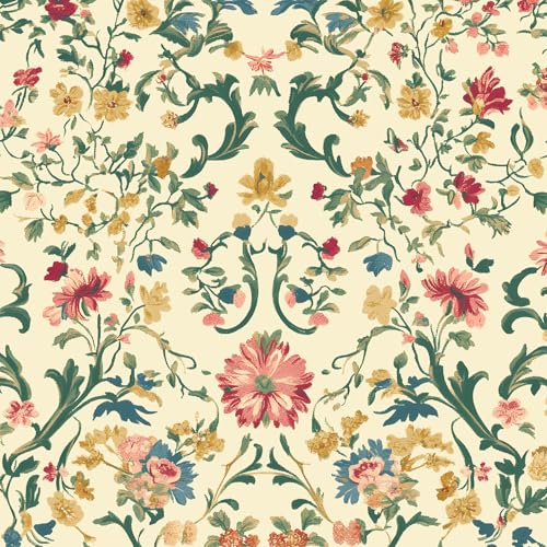 VOLEAAR Peel and Stick Wallpaper Thick Self Adhesive Vinyl Roll Removable Waterproof Contact Paper for Bedroom Bathroom Cabinet Accent Wall Vintage Floral Cottagecore Decor Cream Yellow 175 x 118 - Image 1