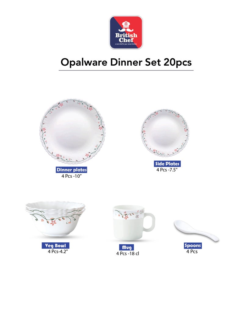 British Chef 20 Pieces Opalware Dinner Set | Microwave & Dishwasher Safe | Garland Dinnerware set with 4-Piece Dinner Plate, 4-Piece Side Plate, 4-Piece Veg Bowl, 4-Piece Mug, 4-Piece Spoons-White - Image 5