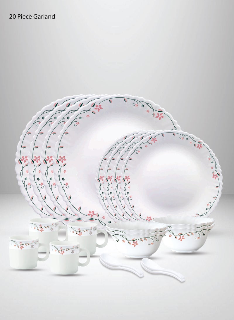 British Chef 20 Pieces Opalware Dinner Set | Microwave & Dishwasher Safe | Garland Dinnerware set with 4-Piece Dinner Plate, 4-Piece Side Plate, 4-Piece Veg Bowl, 4-Piece Mug, 4-Piece Spoons-White - Image 1