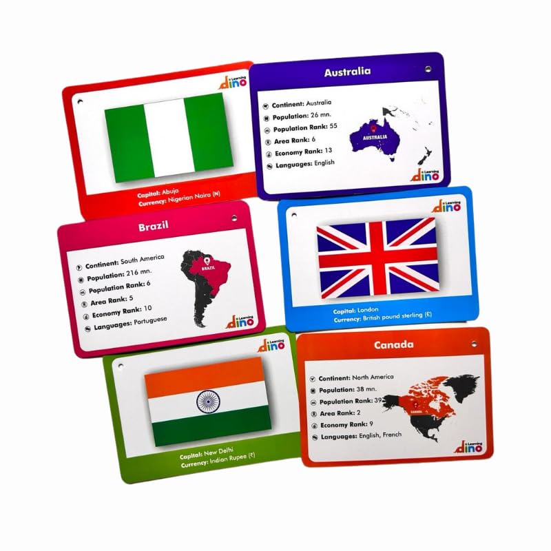Learning Dino Flags of The World Flashcards | Covers 50 Countries with Country Flag, Map, Economy, Language, Currency & More | Helps Kids Learn Geography in a Fun Way | Premium Quality | by Learning Dino - Image 3