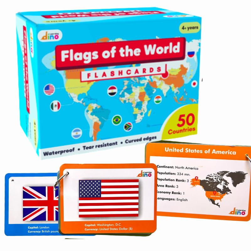 Learning Dino Flags of The World Flashcards | Covers 50 Countries with Country Flag, Map, Economy, Language, Currency & More | Helps Kids Learn Geography in a Fun Way | Premium Quality | by Learning Dino - Image 1