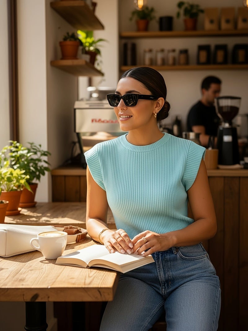 Easy And Versatile Women'S Sleeveless Top, Short - Sleeved Sweater, Spring And Summer Casual Base Layer, High Elasticity, Comfortable And Breathable - Sky Blue / XS - Image 2