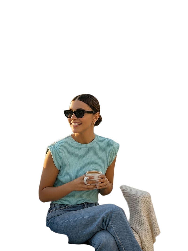 Easy And Versatile Women'S Sleeveless Top, Short - Sleeved Sweater, Spring And Summer Casual Base Layer, High Elasticity, Comfortable And Breathable - Sky Blue / XS - Image 1