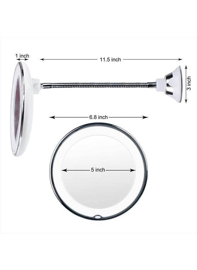 10x Magnifying Mirror with Light, Flexible Gooseneck Make up Mirror with Lights and Magnification, Battery Operated Cordless Magnified Mirror with Suction Cups for Wall Bathroom