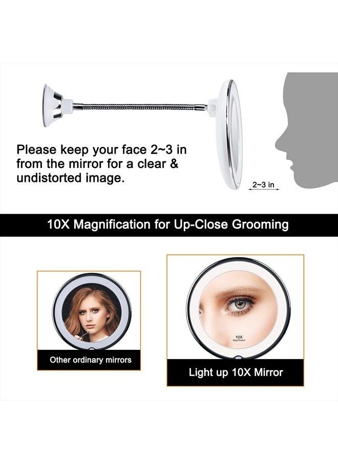 10x Magnifying Mirror with Light, Flexible Gooseneck Make up Mirror with Lights and Magnification, Battery Operated Cordless Magnified Mirror with Suction Cups for Wall Bathroom