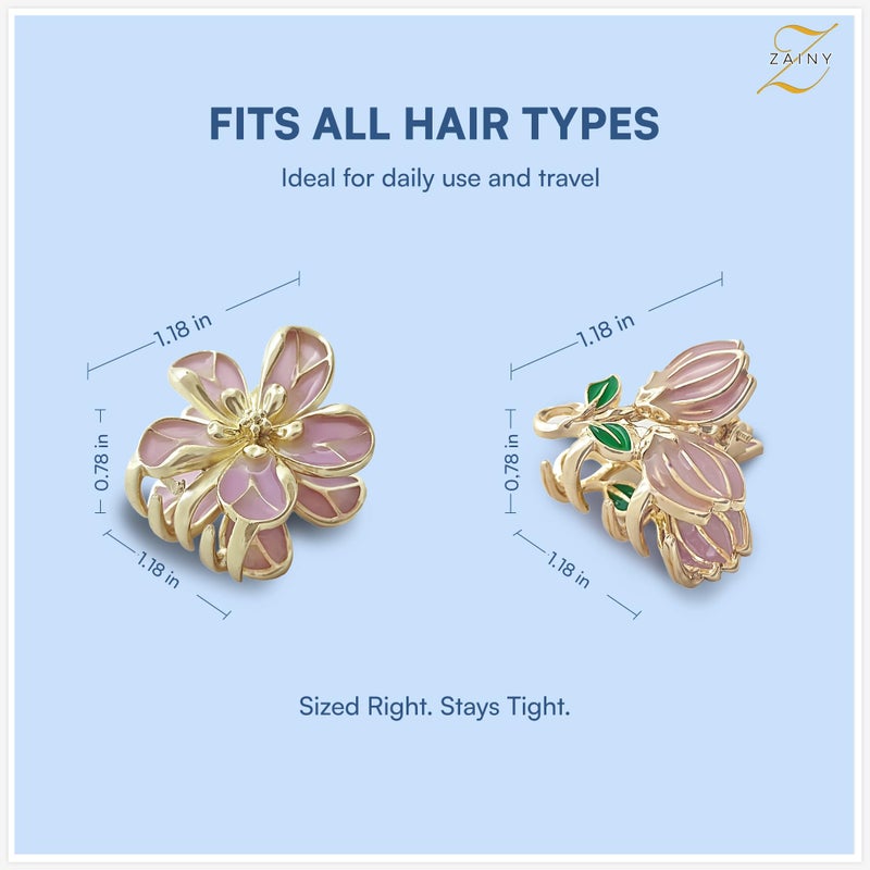 ZAINY 6 Flower Metal Hair Claw Clips for Women, Small Cute Gold Plumeria Hawaiian Floral Girl Hair Accessories, Decorative Butterfly Hairclips for Thick & Thin Hair, Strong Claws, Hibiscus & Tulips - Image 2
