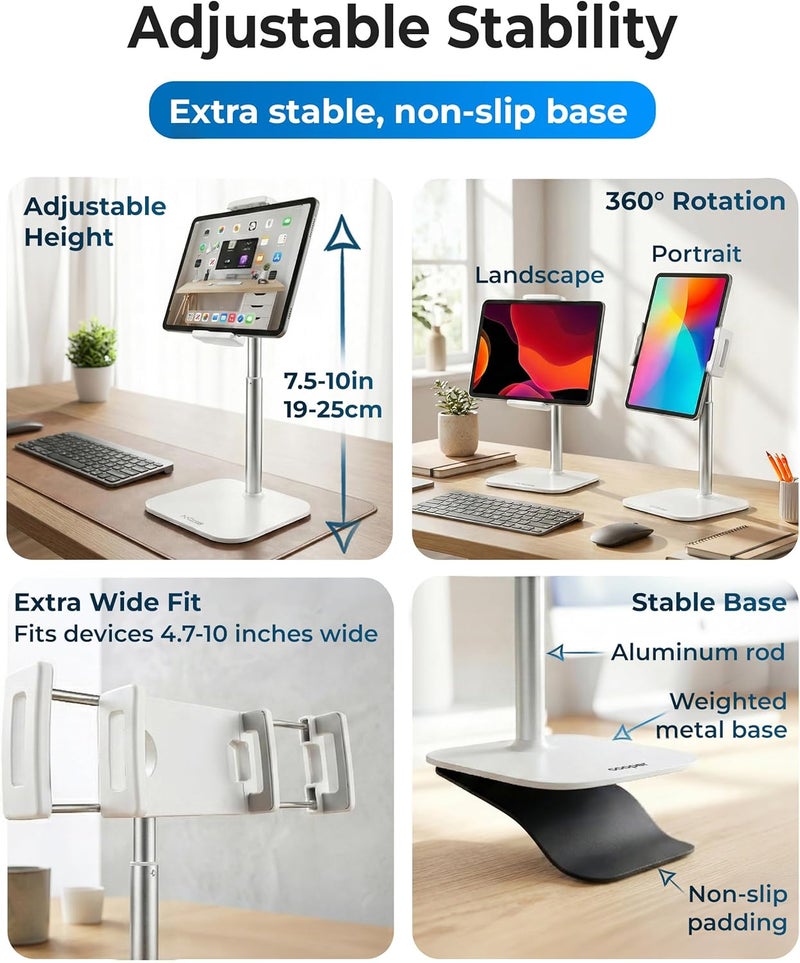 cooper TabStand Mini, 10" Height Adjustable Tablet Stand, Ipad Stand for Desk, Portable Monitor Holder, Heavy Duty Grip, Tripod iPad Holder, Tablet Mount, for Samsung Tablets, Kindle eReaders (White) - Image 4