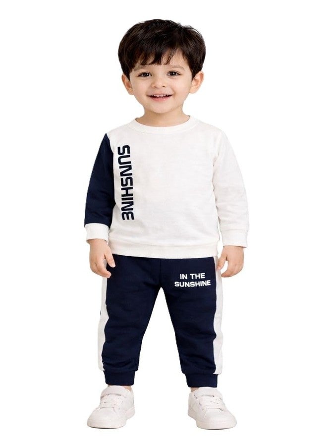 RIZZQ Kids Dress for Boys | Printed Round Neck Full Sleeve T-shirt and Pant Combo Clothing Set-White (1-2 Year) - Image 1