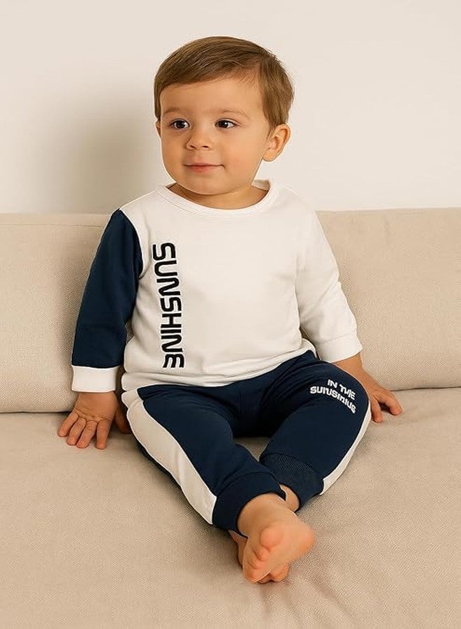 RIZZQ Kids Dress for Boys | Printed Round Neck Full Sleeve T-shirt and Pant Combo Clothing Set-White (1-2 Year) - Image 2