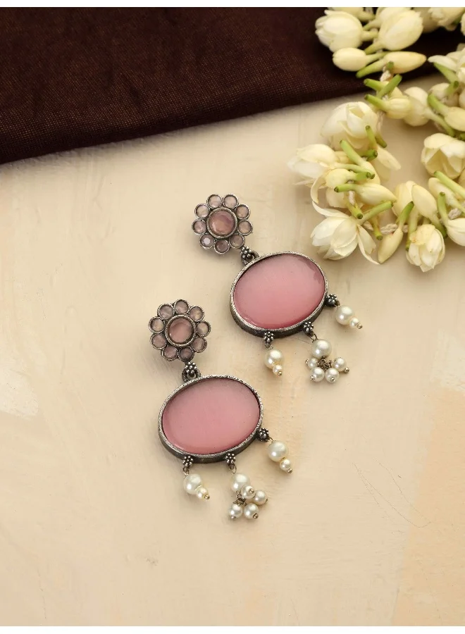 trueBrowns Silver Tone Pink Stone Dangle Earrings