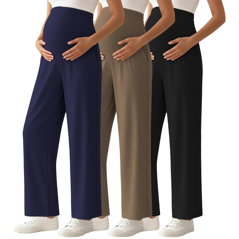 Ecavus 3-Pack Women's Maternity Pants Over Belly Soft Lounge Palazzo Pants Stretch Wide Leg Pregnancy Trousers with Pockets - Image 1
