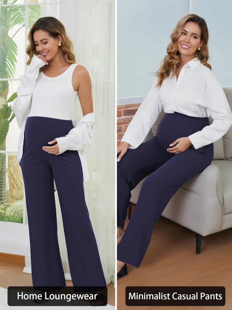 Ecavus 3-Pack Women's Maternity Pants Over Belly Soft Lounge Palazzo Pants Stretch Wide Leg Pregnancy Trousers with Pockets - Image 5