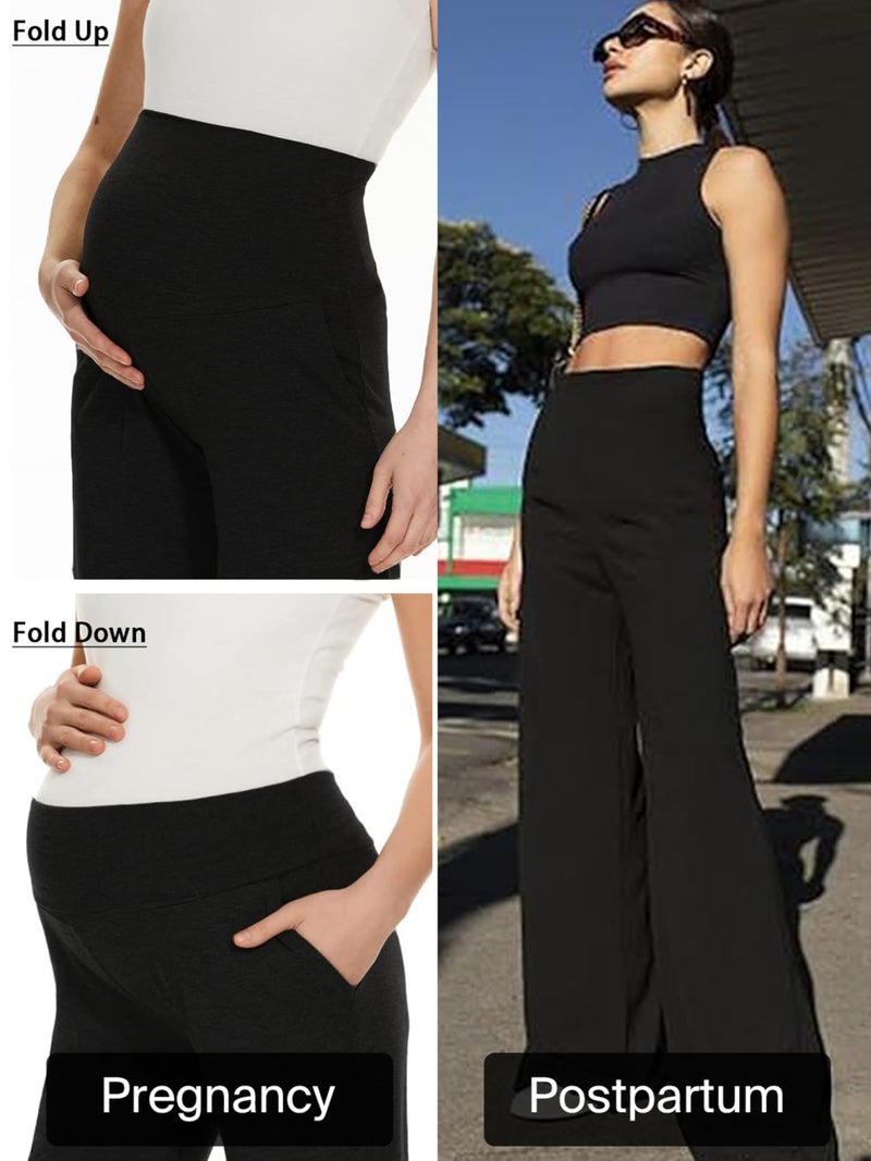Ecavus 3-Pack Women's Maternity Pants Over Belly Soft Lounge Palazzo Pants Stretch Wide Leg Pregnancy Trousers with Pockets - Image 3