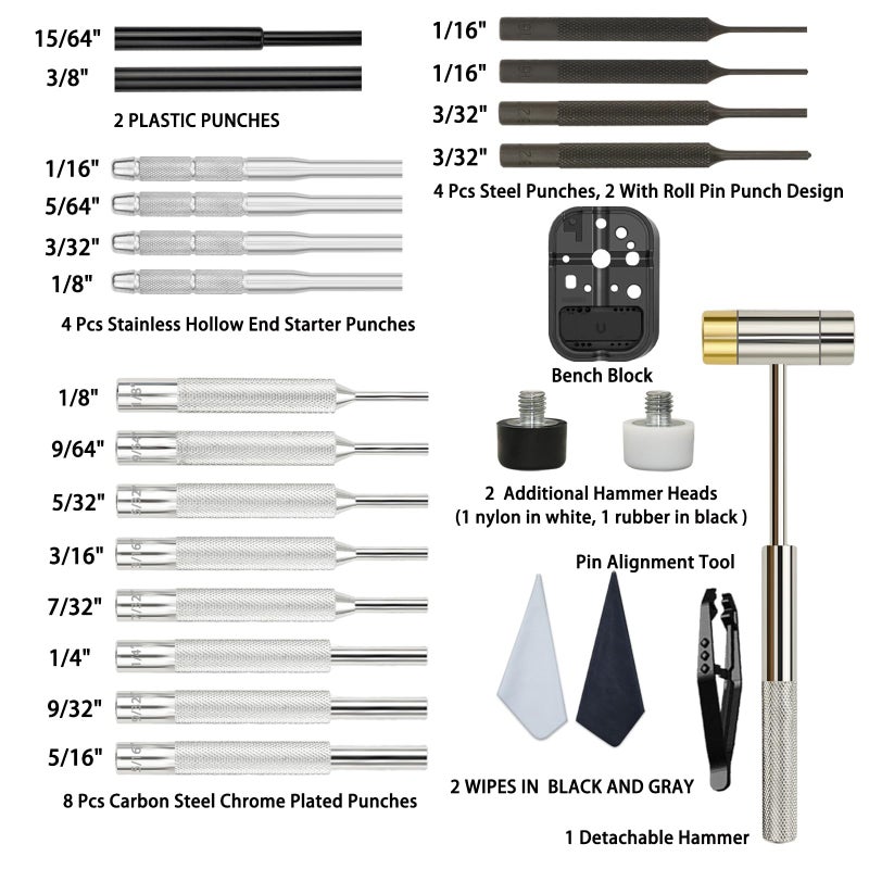 BESTNULE Punch Set, Pin Punches, Punch Tool, Roll Pin Punch Set, Made of High Quality Metal Material Including Punches and Hammer, Mechanical Repair Tool, with Organizer Storage Box (with Bench Block) - Image 3