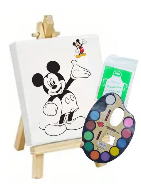 A painting of Mickey Mouse character with excellent color set and one-time use apron, perfect for children's parties. The set includes 1 holder and 1 canvas painting of Mickey Mouse character attached to a wooden stand, in addition to 12 bright and assorted drawing colors and 1 plastic apron to protect children's clothes.