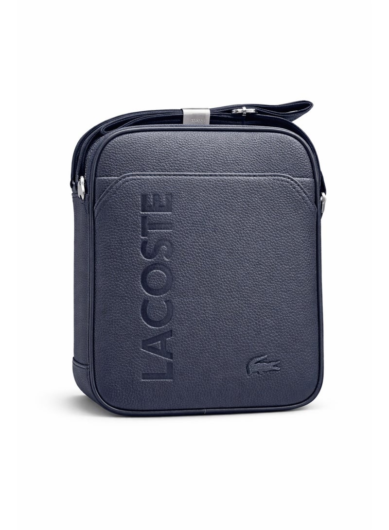 Lacoste Navy Crossbody Bag – Textured Leather Compact Shoulder Bag with Logo Detail
