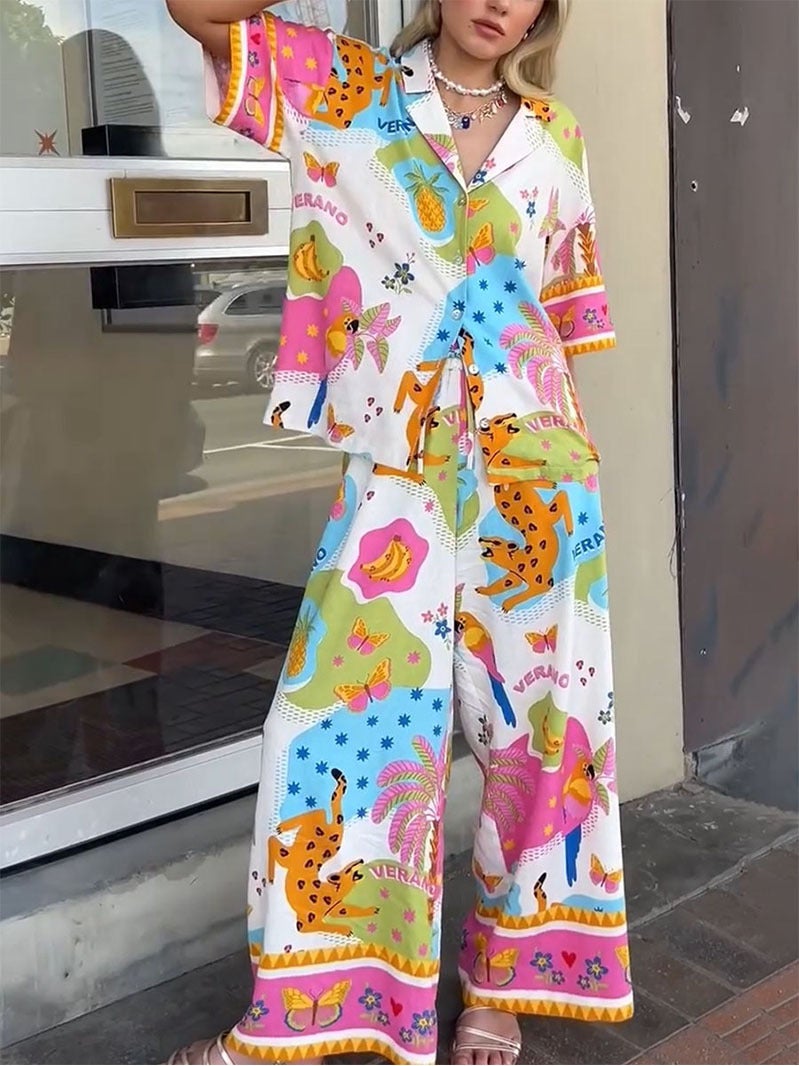 Europe and the United States cross-border 2025 independent station AliExpress fashion personality printing lace color matching holiday leisure suit Color