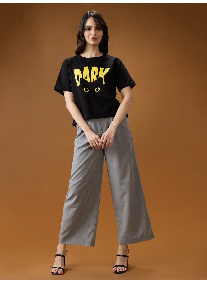 globus Globus Women Black Graphic Print Round Neck Short Sleeves Cotton Boxy T-Shirt - Image 5