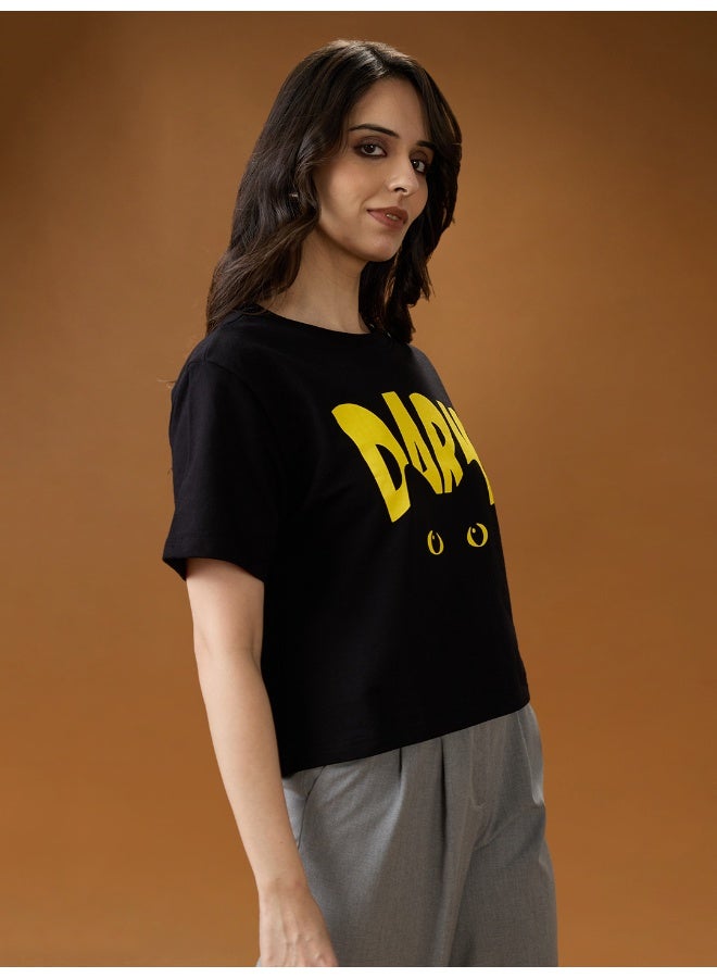 globus Globus Women Black Graphic Print Round Neck Short Sleeves Cotton Boxy T-Shirt - Image 2