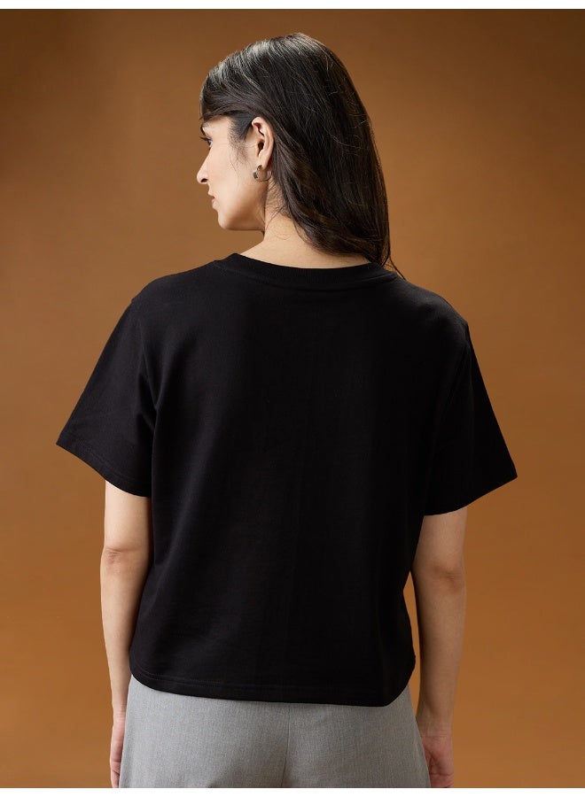 globus Globus Women Black Graphic Print Round Neck Short Sleeves Cotton Boxy T-Shirt - Image 3