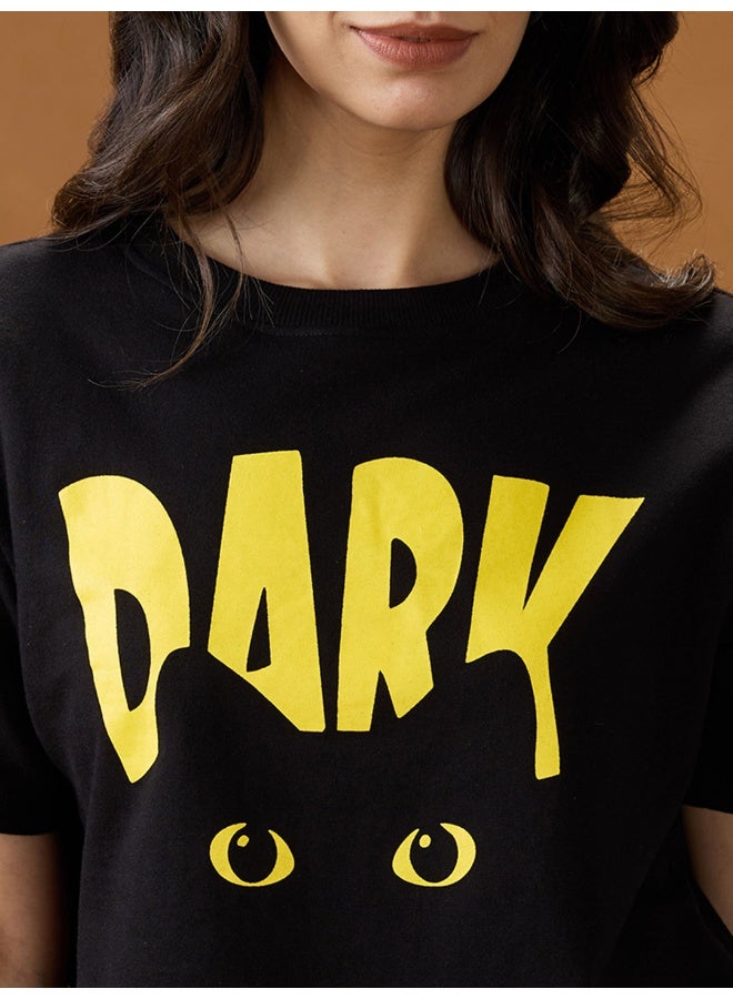 globus Globus Women Black Graphic Print Round Neck Short Sleeves Cotton Boxy T-Shirt - Image 4