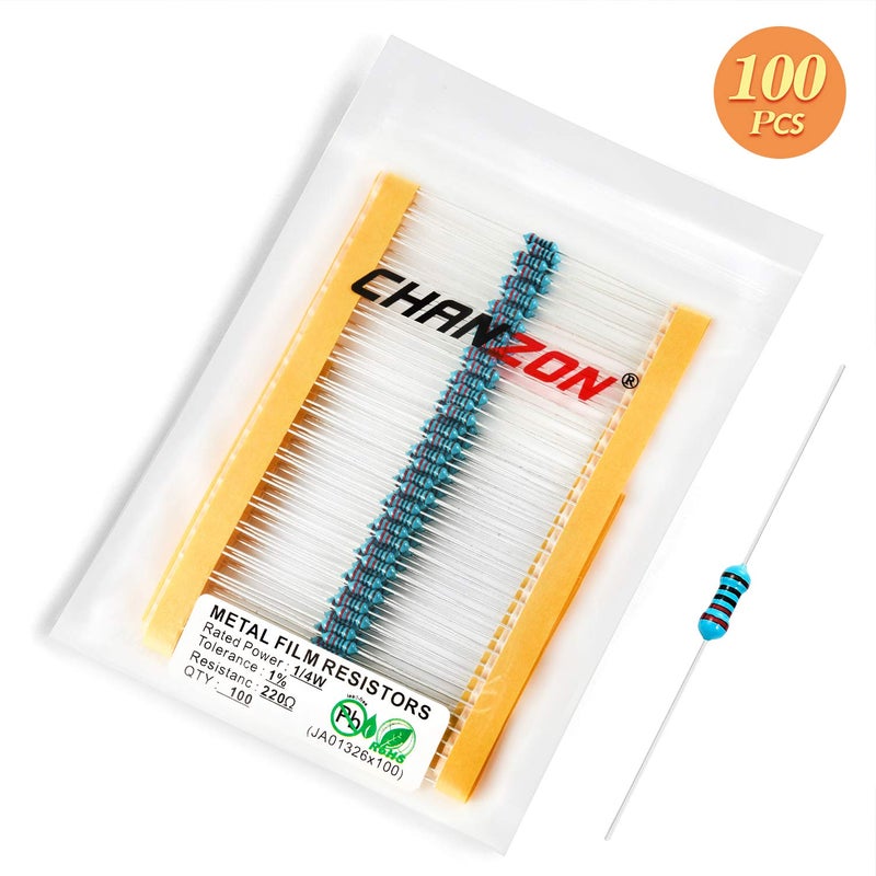 CHANZON 100 قطعة مقاومة 220 Ω أوم 1/4 واط (0.25 واط) مقاومة فيلم معدني ثابت 0.01 ±1% تحمل 220R MF مقاومات ثقب مرور معتمدة من روهس - Image 3