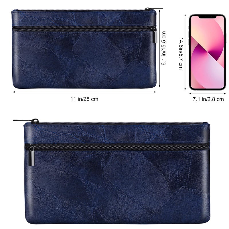 HAUTOCO Money Bag with Zipper 11 x 6.1 inch Embossed Deposit Money Pouch with Lined PU Leather Bank Bag Two Pockets Utility Wallet for Cash Check Receipt Coins Cosmetics, Royal Blue - Image 2