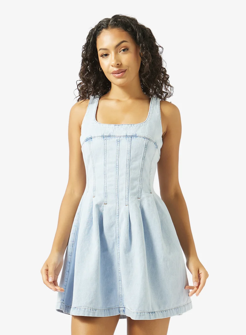 Pleat Seam Denim Mini Dress