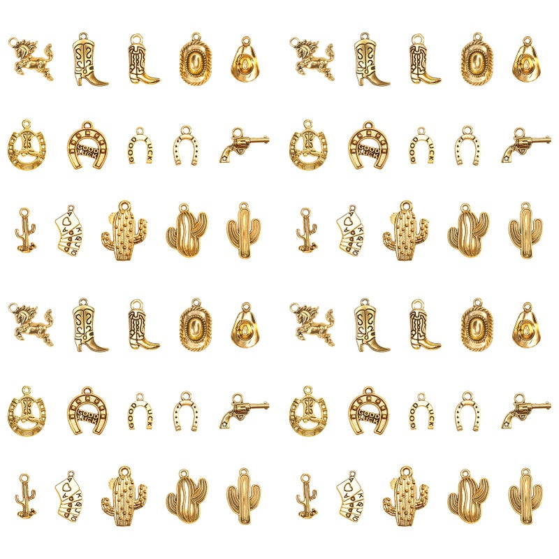 Wtrgas 60pcs Bulk Vintage Antique Gold Western Cowboy Cowgirl Making Charms, Horse Boot Hat Cactus and Pendants for Necklace Bracelet Beads Earrings DIY Jewelry Crafting supplies, 15 Style, 4 Each - Image 1