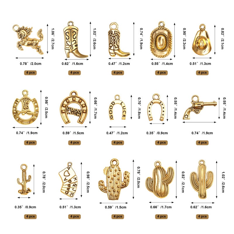 Wtrgas 60pcs Bulk Vintage Antique Gold Western Cowboy Cowgirl Making Charms, Horse Boot Hat Cactus and Pendants for Necklace Bracelet Beads Earrings DIY Jewelry Crafting supplies, 15 Style, 4 Each - Image 2