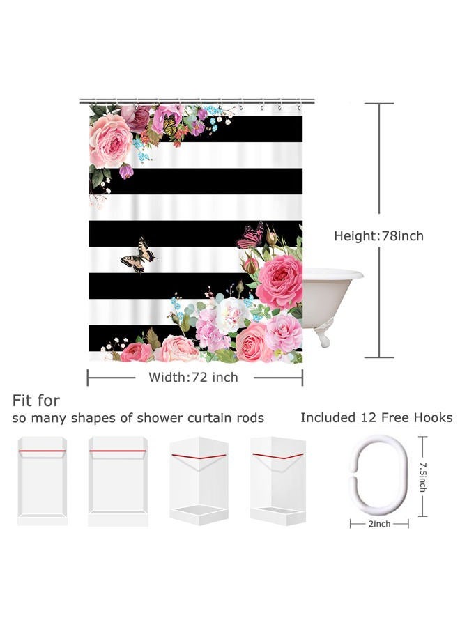 LIVILAN Striped Fabric Shower Curtain, Pink Floral Bathroom Curtains Set with Hooks Flower Butterfly Bathroom Decor 72x78 Inches Machine Washable - Image 4