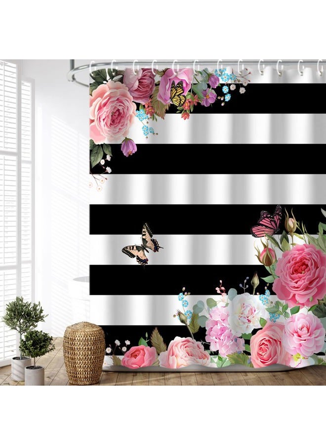 LIVILAN Striped Fabric Shower Curtain, Pink Floral Bathroom Curtains Set with Hooks Flower Butterfly Bathroom Decor 72x78 Inches Machine Washable - Image 1