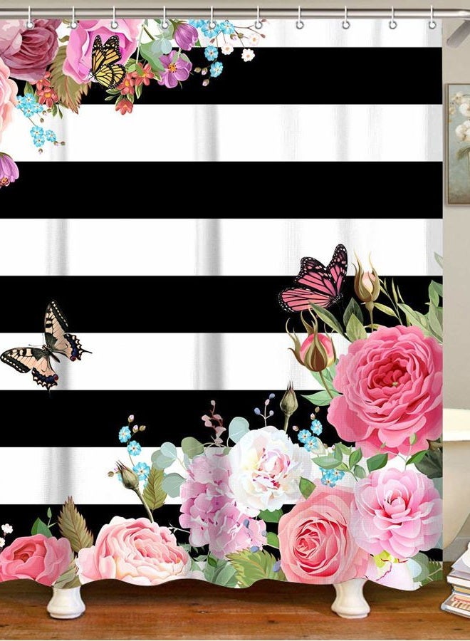 LIVILAN Striped Fabric Shower Curtain, Pink Floral Bathroom Curtains Set with Hooks Flower Butterfly Bathroom Decor 72x78 Inches Machine Washable - Image 2